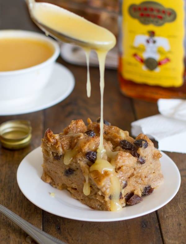 Bread pudding with a drizzle of hot butter rum sauce.