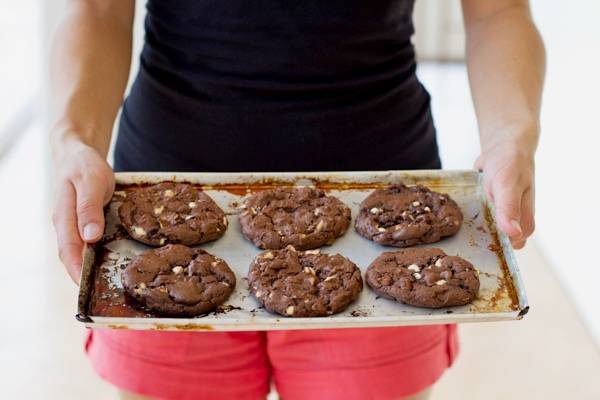Double chocolate cake mix cookies on a baking pan.