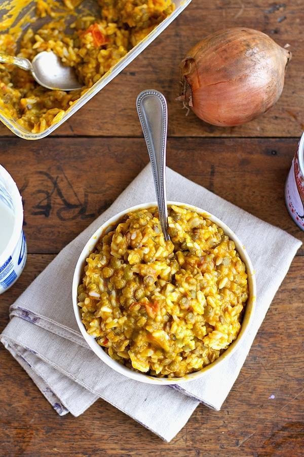 Kabocha Squash Lentil Curry in a white bowl.