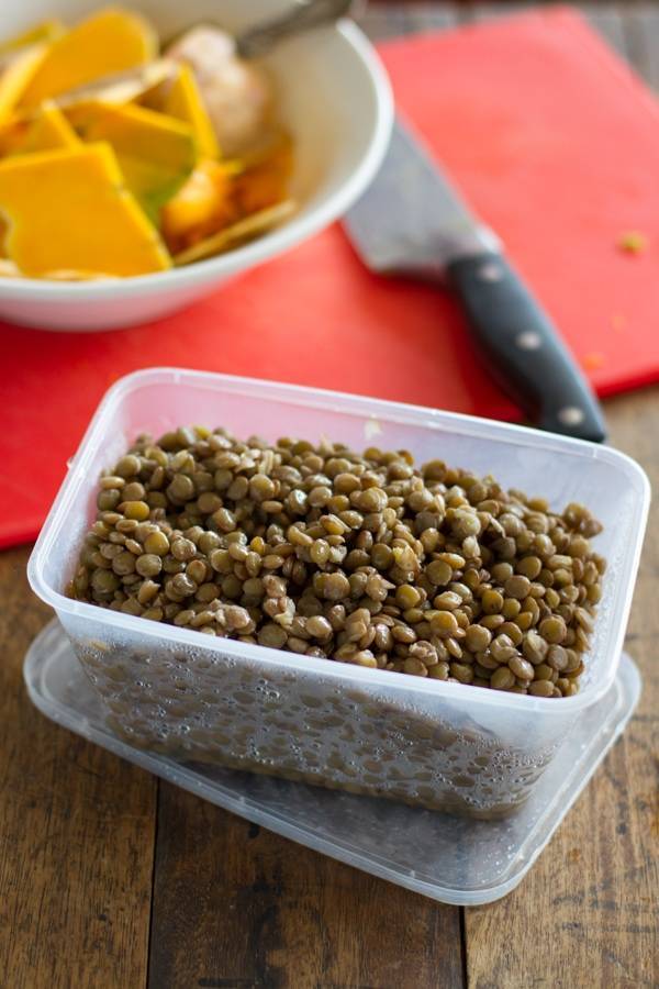 Lentils in a clear container.