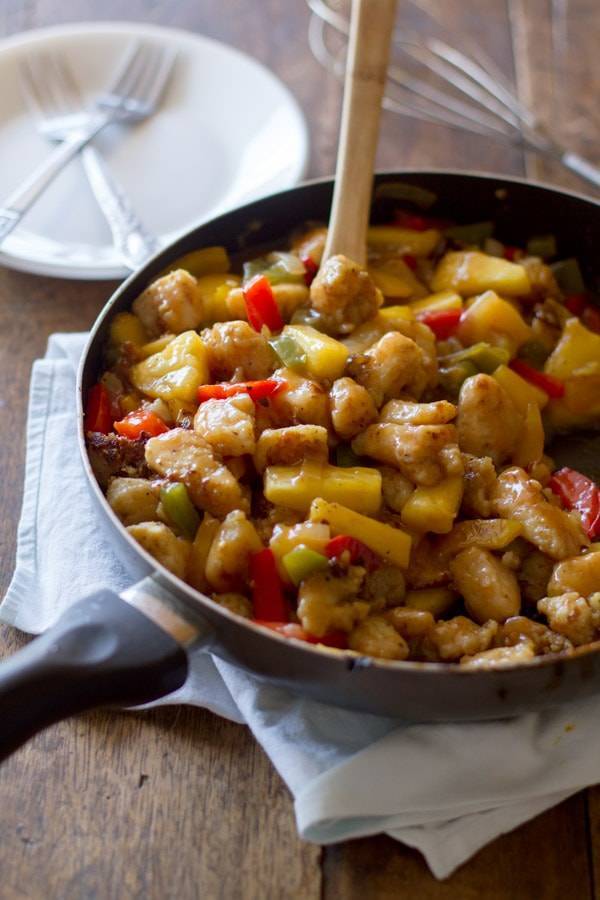 Sweet and sour fish in a skillet.