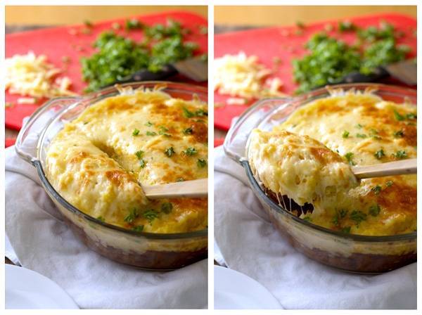 Two images of Mexican polenta pie side-by-side.