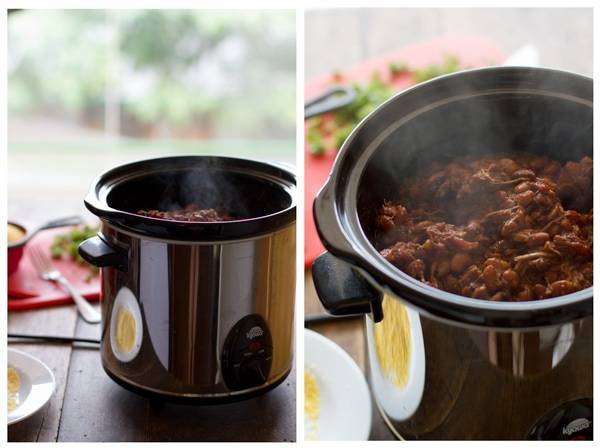 Pork in a crockpot in two images.