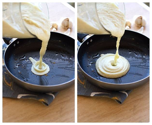 Cauliflower sauce pouring into a skillet in two photos.