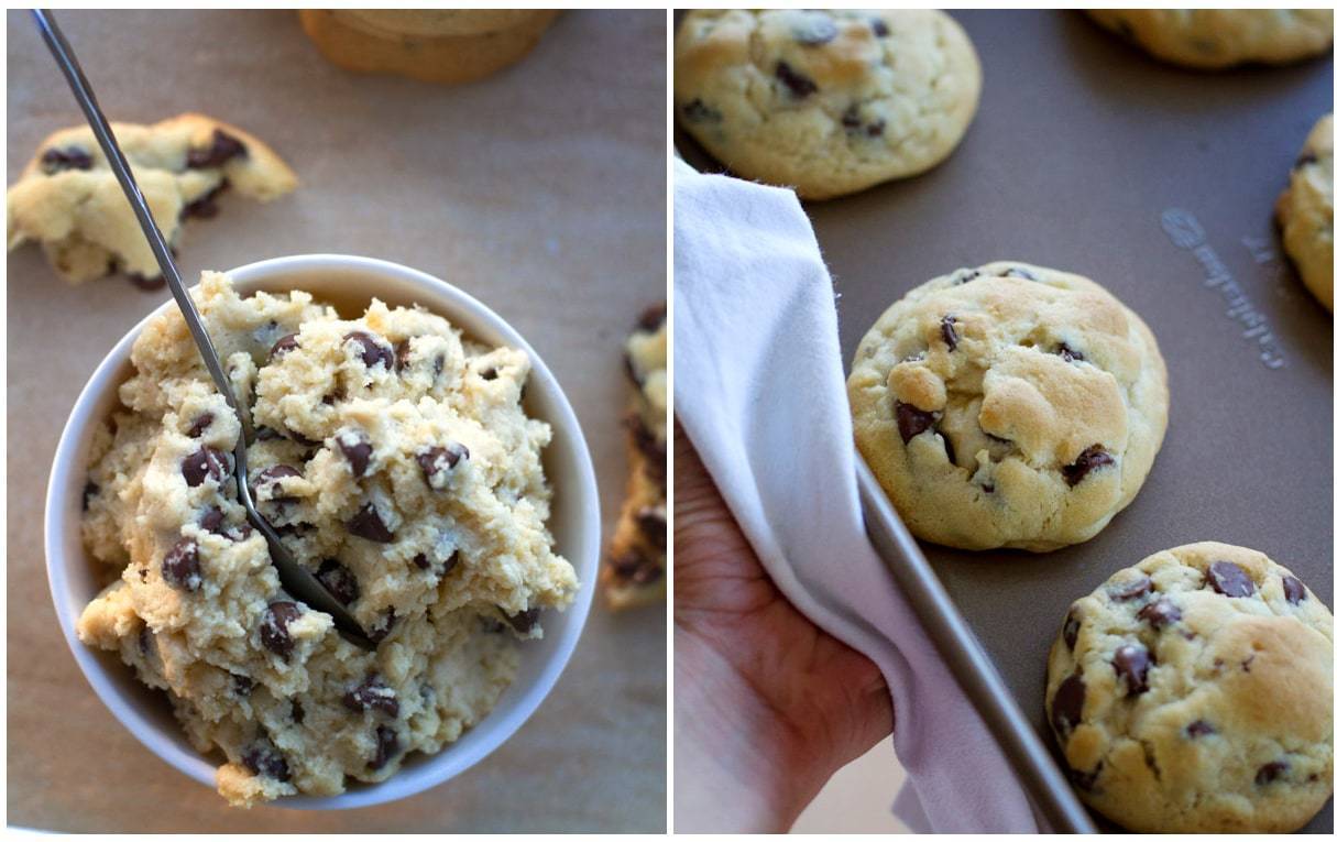Chocolate chip cookie dough and baked cookies.