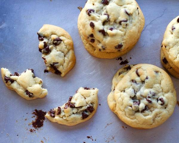 Chocolate chip cookies on a pan.
