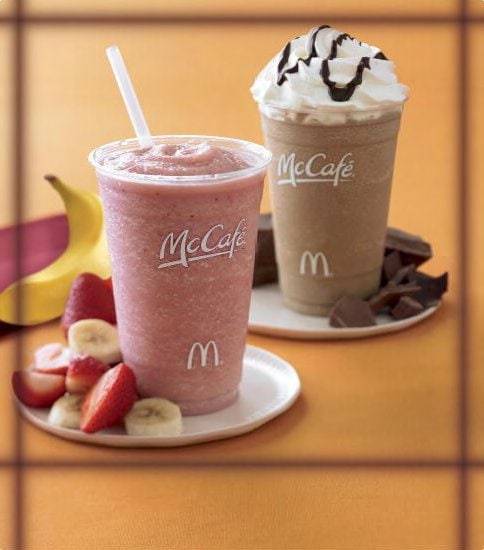 McDonalds smoothies with fruit pieces and chocolate chunks.
