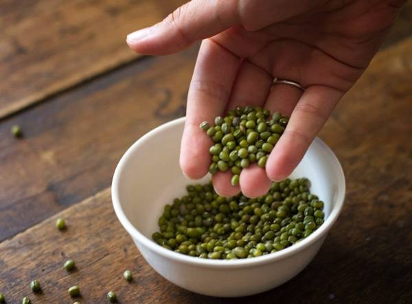 Monggo beans in a white bowl.