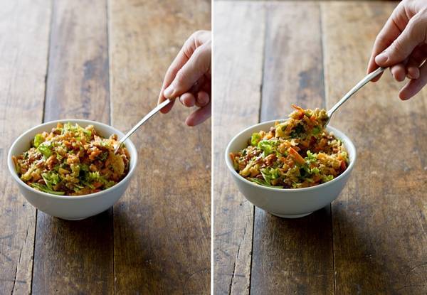 Apple quinoa salad in a white bowl in two images.