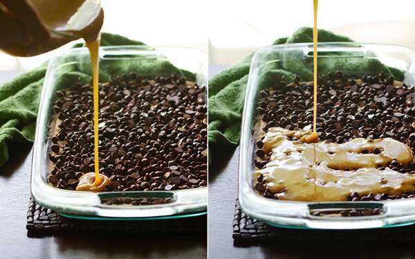 Chocolate caramel oatmeal bars in a clear baking dish.