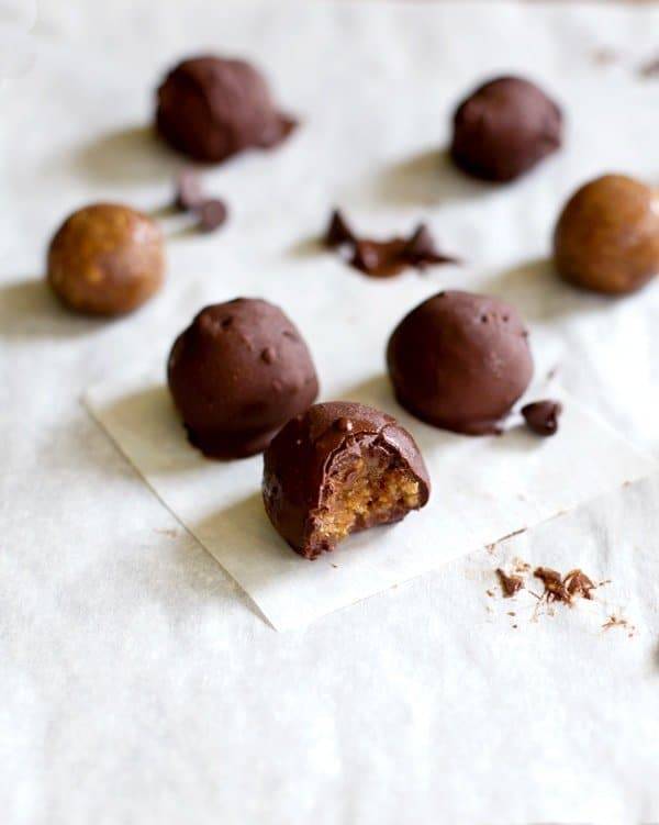 Peanut butter cookie dough balls covered in chocolate.