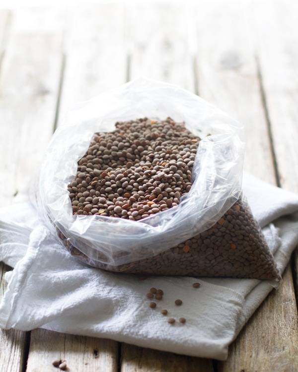 Lentils in a plastic bag.