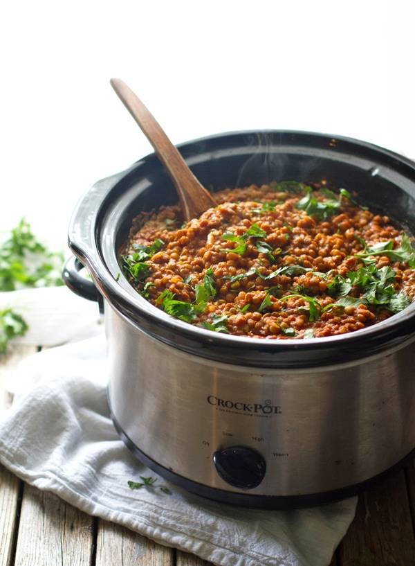 Red lentil curry in a crockpot.