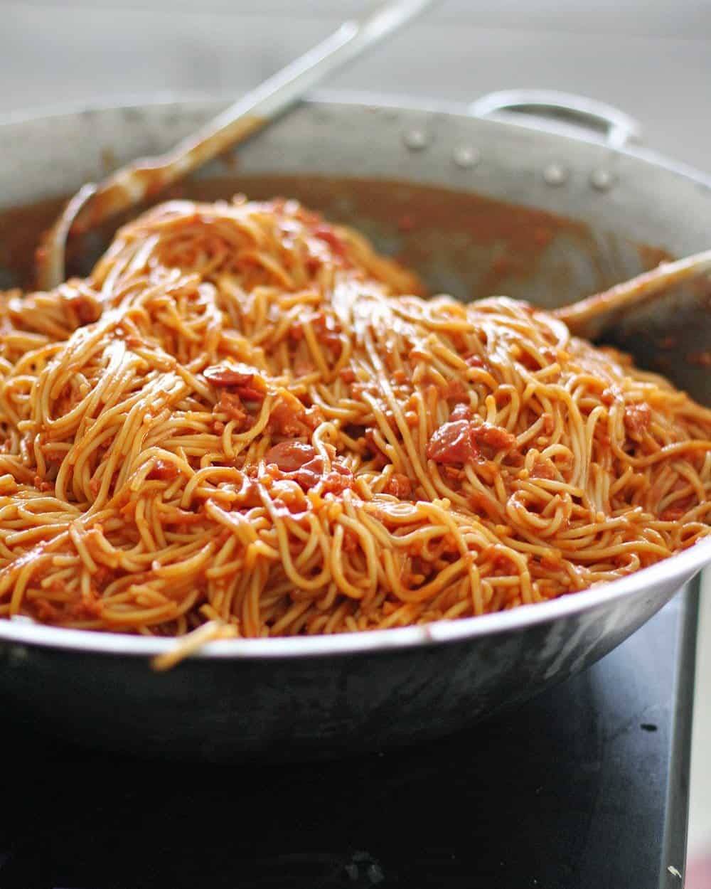 Filipino Spaghetti in a pan.