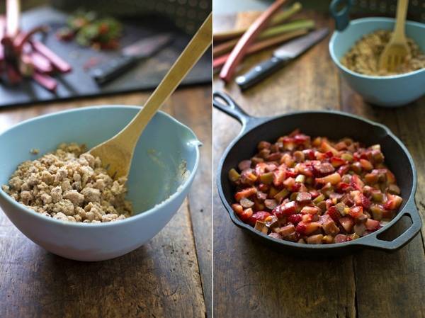 Crisp in a bowl and rhubarb in a pan.