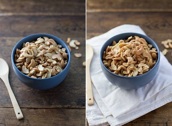 Two photos of cashews in a bowl.