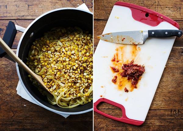 Sweet corn fettuccine and food on a cutting board.