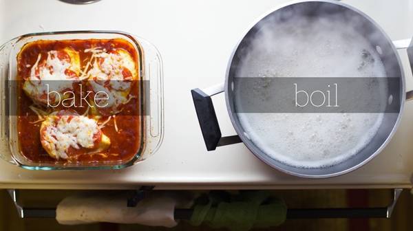 Two images of baking food and boiling.