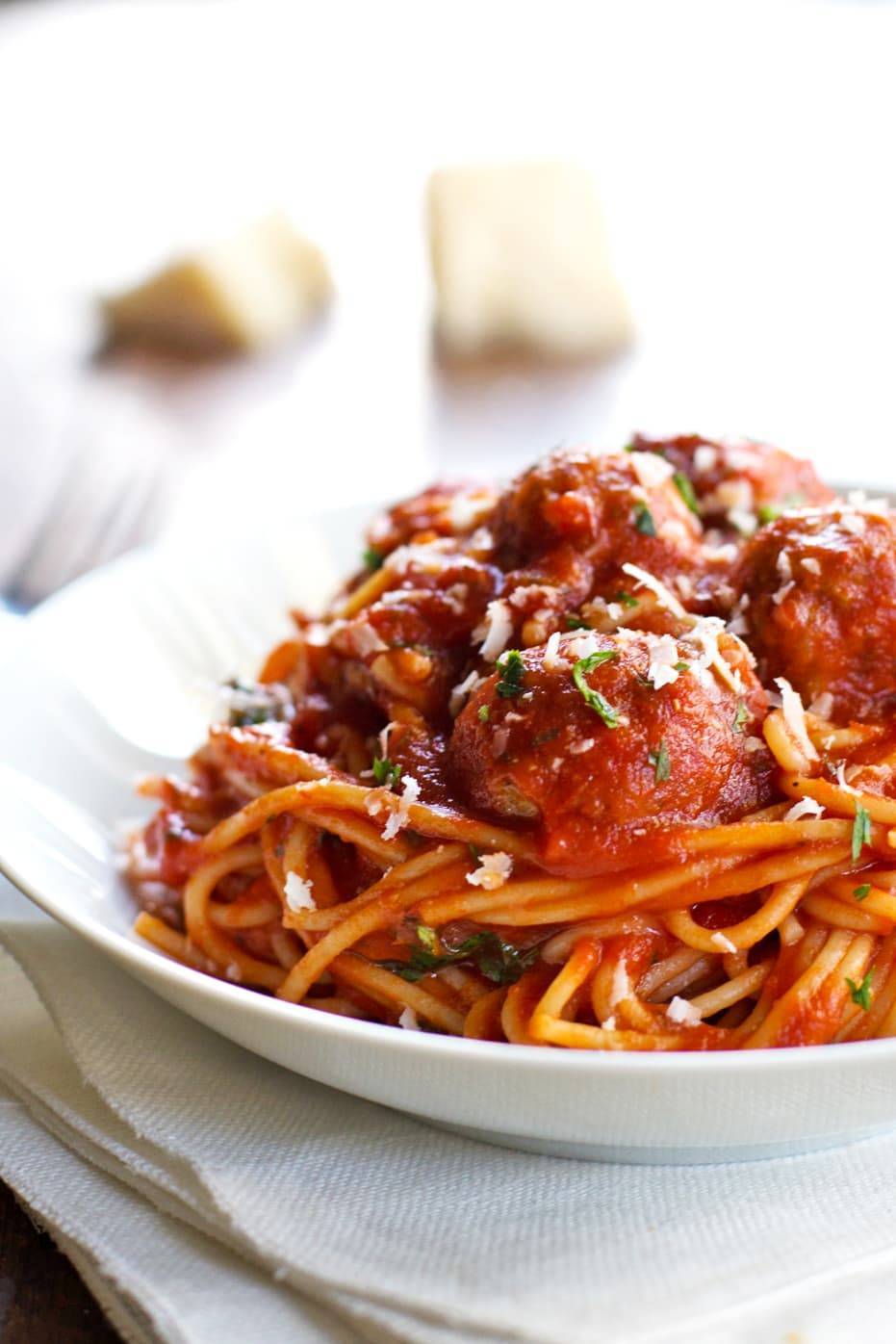 Spaghetti and Meatballs on a plate.