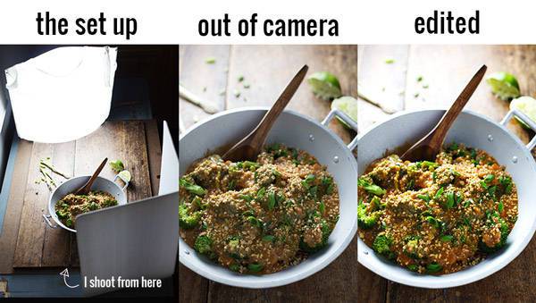 Three food photography set ups.