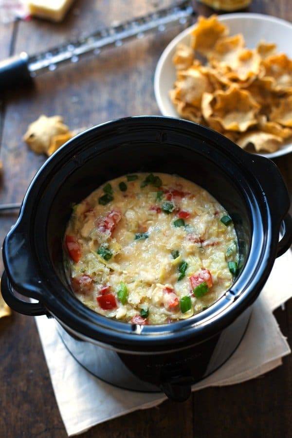 Crab and Artichoke Dip in a slow cooker.