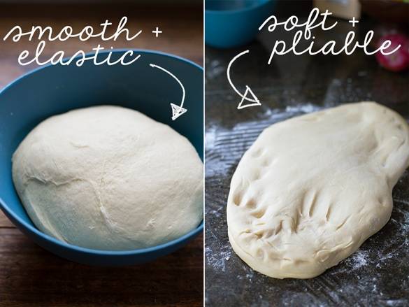 Dough in a bowl and on a smooth surface.