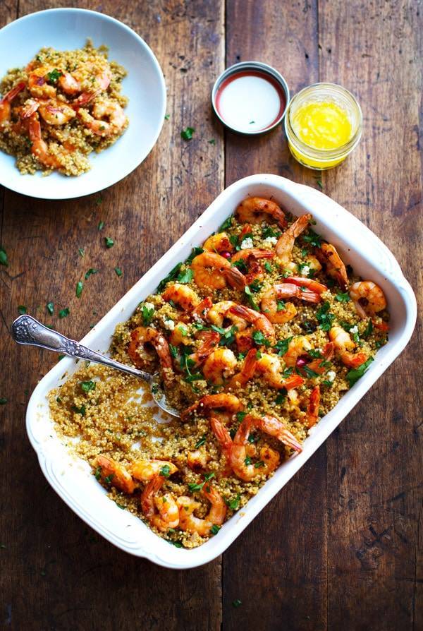 Garlic Butter Shrimp and Quinoa in a white baking dish.