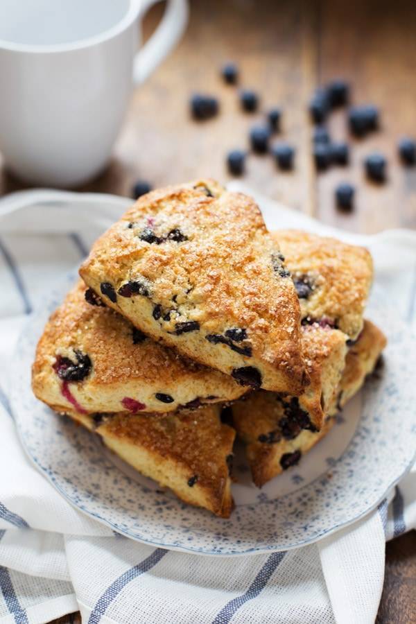 Blueberry Scones stacked on a plate.