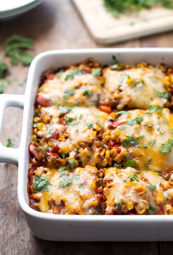 Mexican casserole in a white pan. 
