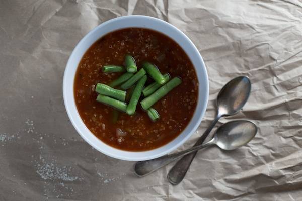 Soup in a bowl with green beans.