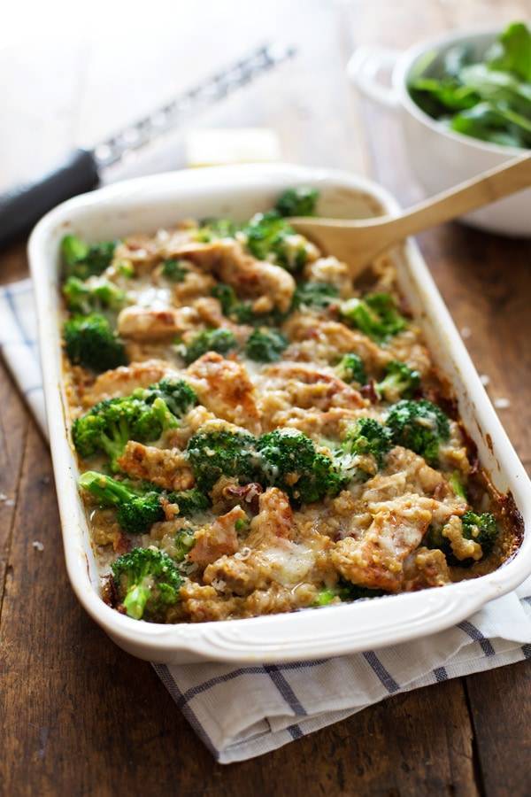 Creamy Chicken Broccoli Quinoa Casserole in Serving Dish