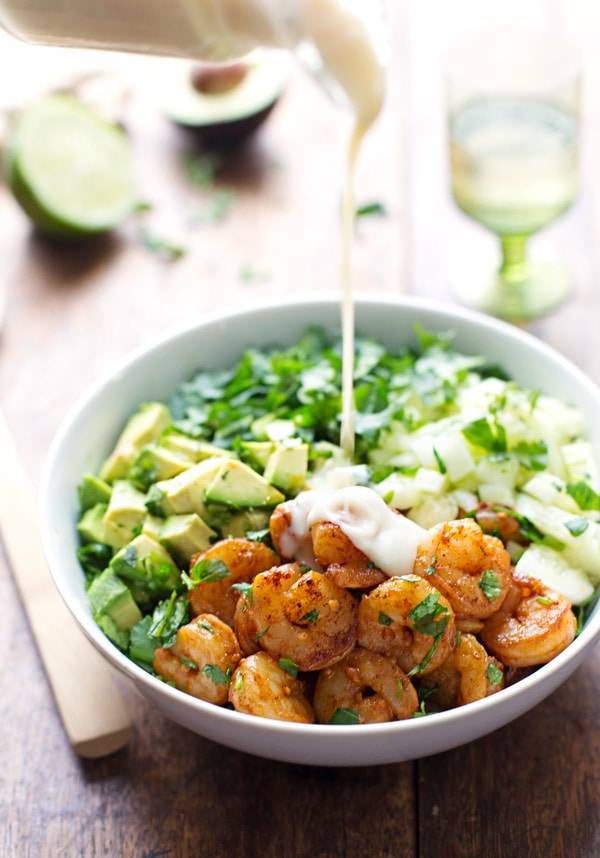 Spicy Shrimp and Avocado Salad with Miso Dressing drizzle.
