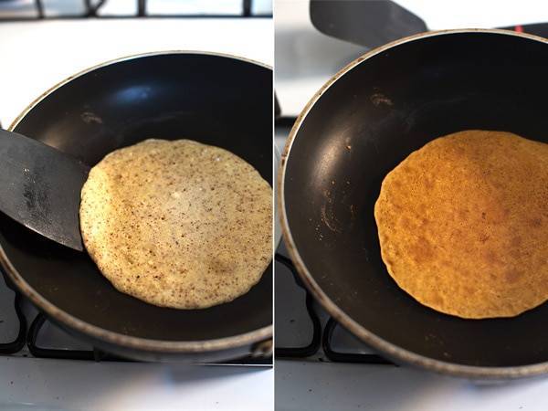 Two photos of a crepe flipping in a pan.