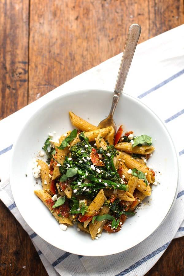 Lemon Pesto Penne in a white bowl with a fork.