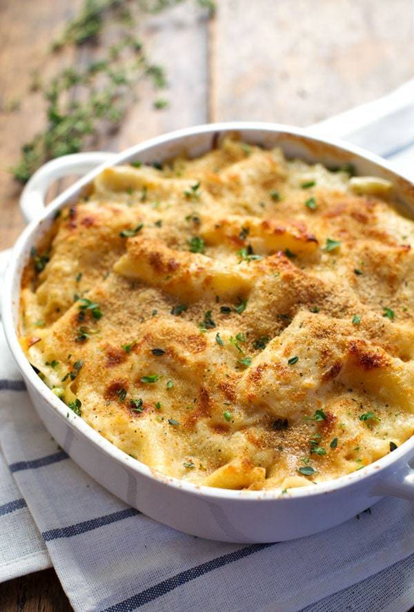 This Garlic Parmesan Chicken Lasagna Bake in a white dish.