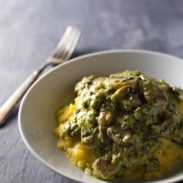 Creamy Poblano Mushrooms with Polenta - a simple, unique vegetarian dish with spicy, warm, spoon-licking flavors. 350 calories. | pinchofyum.com