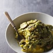 Creamy Poblano Mushrooms with Polenta - a simple, unique vegetarian dish with spicy, warm, spoon-licking flavors. 350 calories. | pinchofyum.com