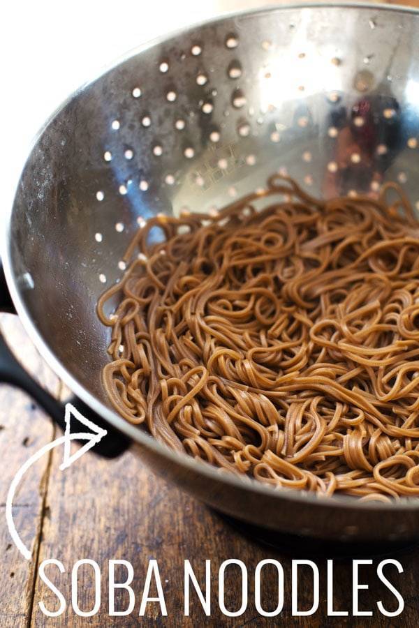 Soba noodles in a colander. 