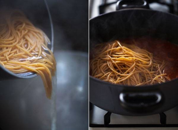 Noodles in a pan.