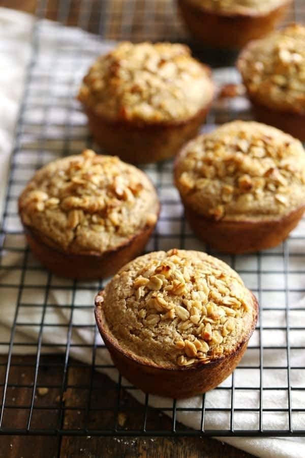 Caramelized Banana Oat Muffins on a drying rack.