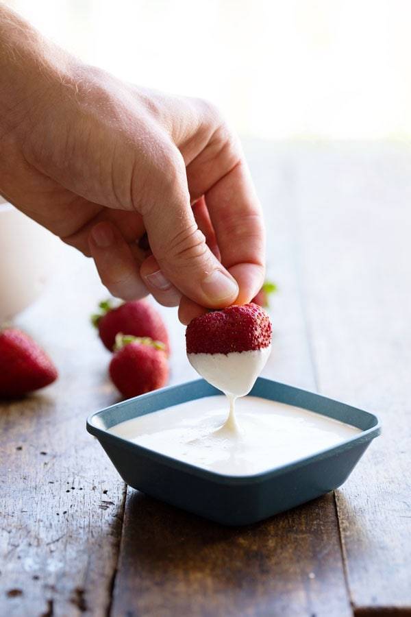 Strawberry dipped in coconut cream cheese.