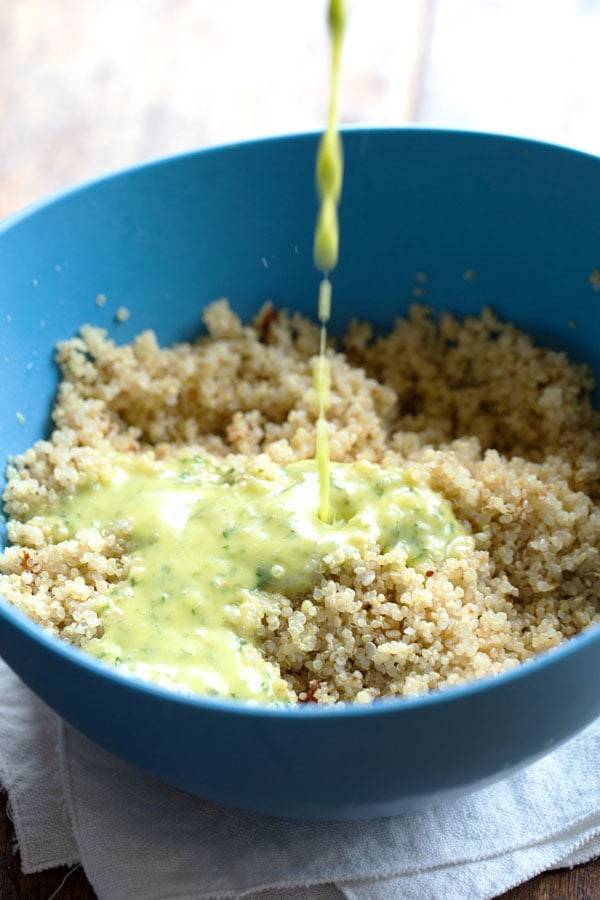 Quinoa in a blue bowl.