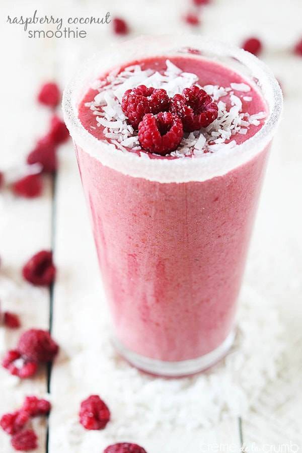 Raspberry coconut smoothie in a cup.