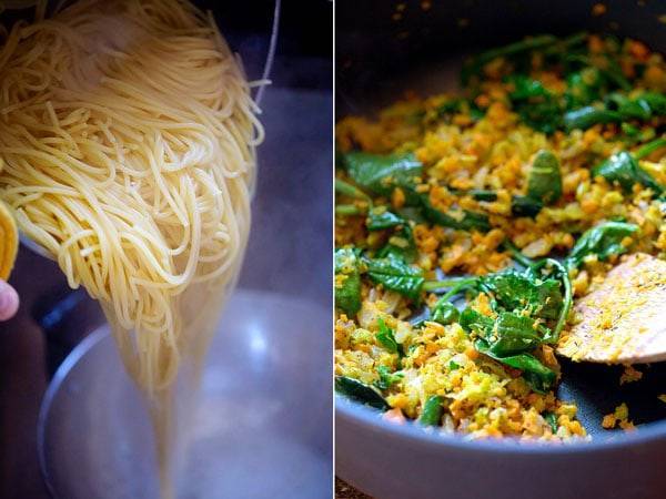 Steaming noodles and food in a skillet.