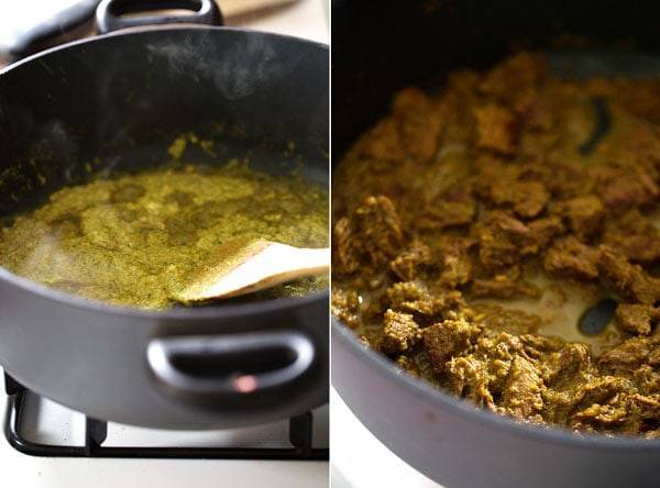 Sauce in a skillet and beef in another.  Pork Biryani recipes beef biryani