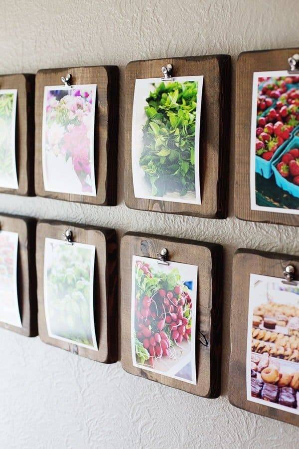 Wooden frames with food photos.