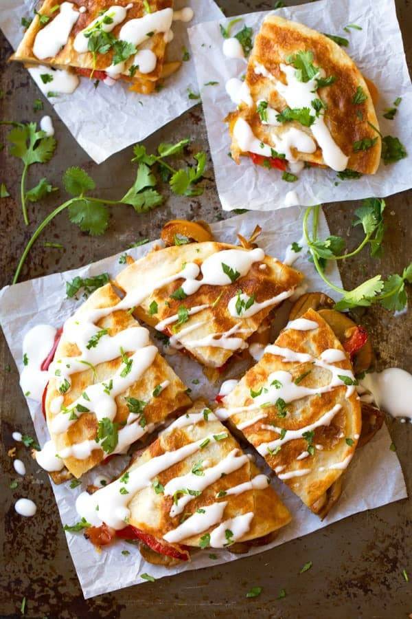 Smoked Gouda Mushroom Quesadillas with drizzle.