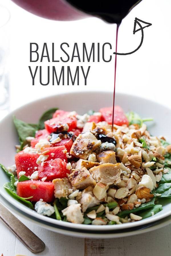 Balsamic Watermelon Chicken Salad with drizzle.