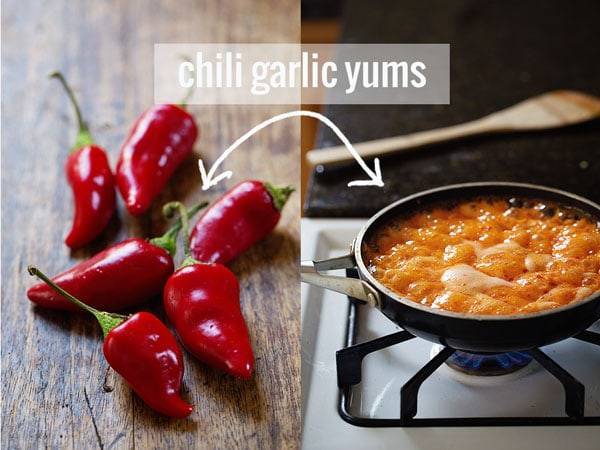 Chilis on a wooden surface and in a skillet.