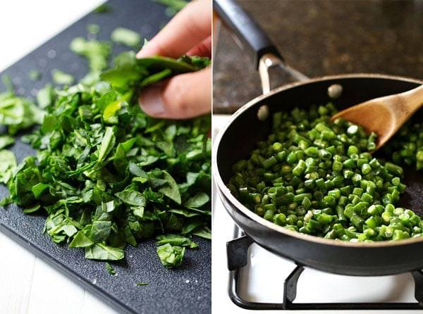 Herbs on a cutting board and in a skillet.
